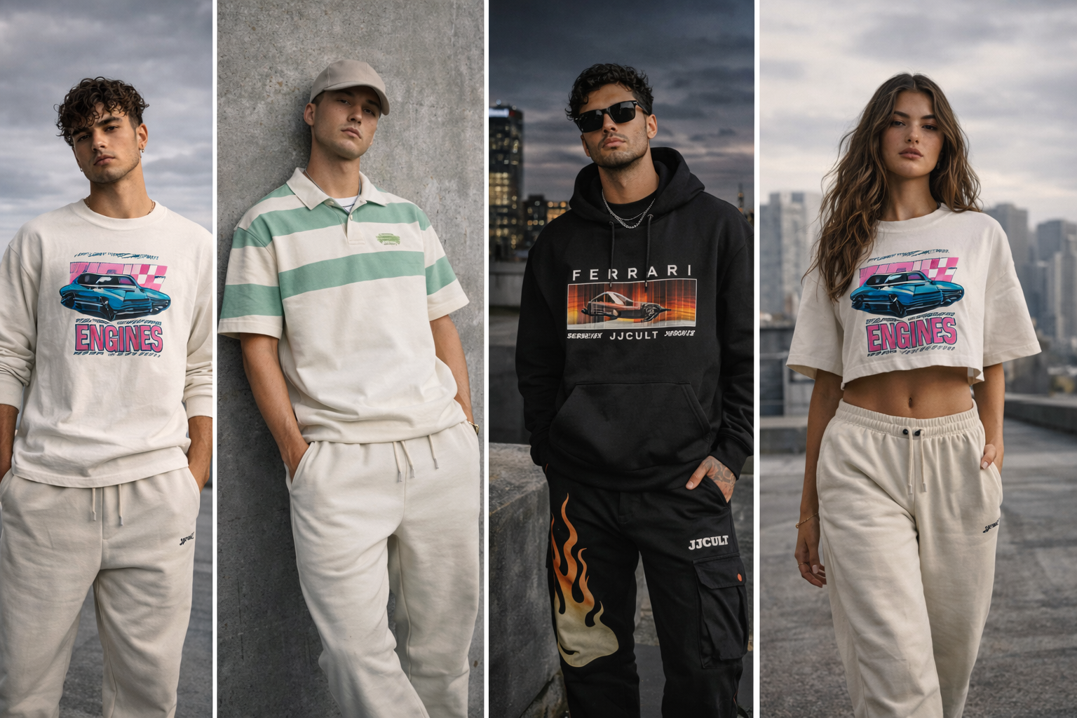 Four individuals wearing branded clothing with a cityscape background