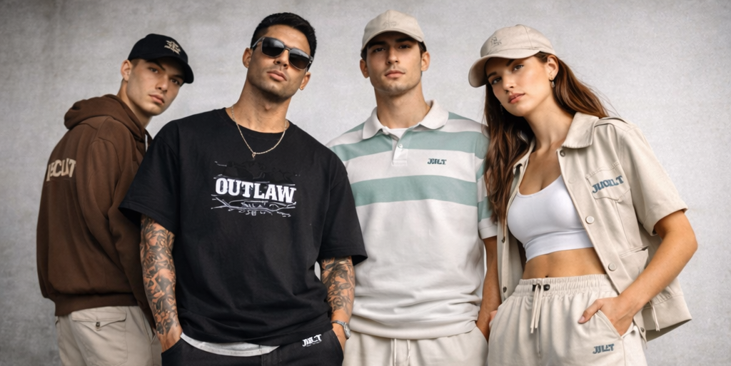 Four people wearing casual clothing with visible brand logos against a gray background