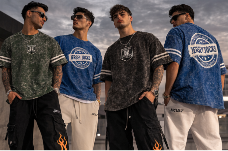 Four men wearing jerseys with 'Jersey Jocks' branding against a cloudy sky.