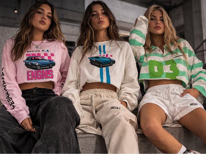 Three women wearing branded clothing with car graphics and text.